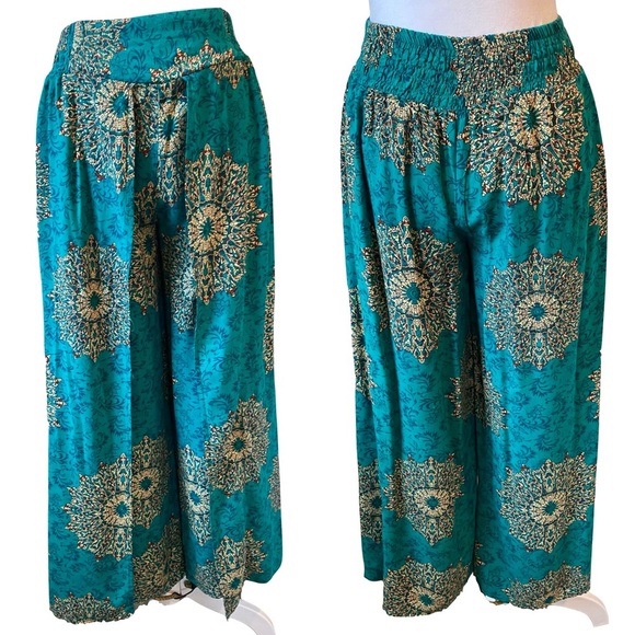 Elegant Teal Palazzo Women's Pants Boho Floral Print - Picture 1 of 7